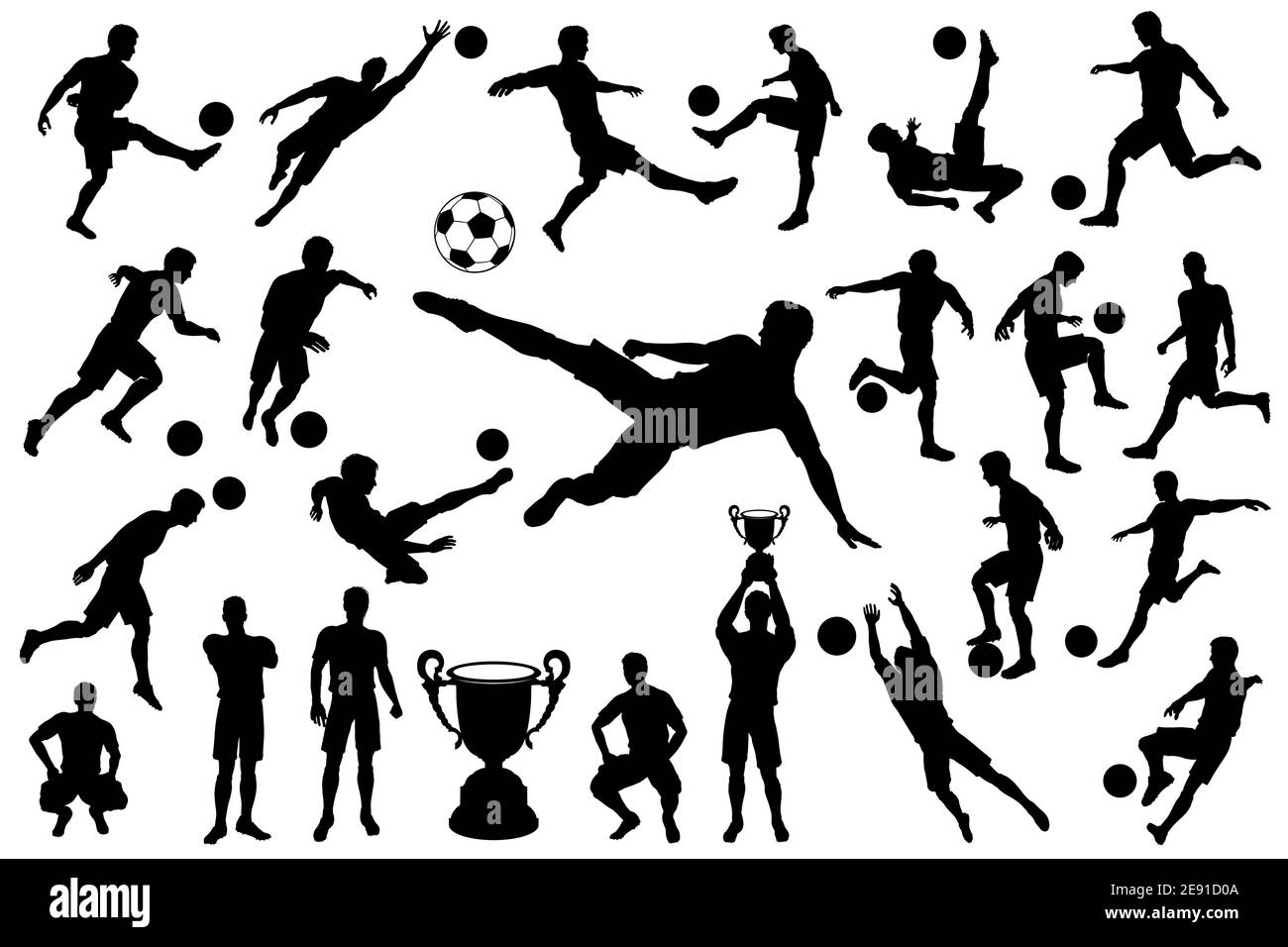 Silhouettes soccer player with ball and trophy cup Stock Vector