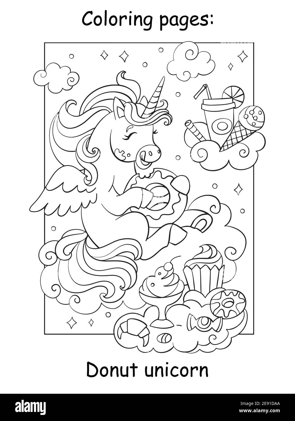 Cute unicorn eats donuts and other sweets. Coloring book page for ...