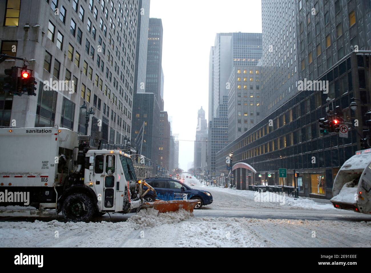 Snow plows clear midtown streets during the snow storm.The first nor