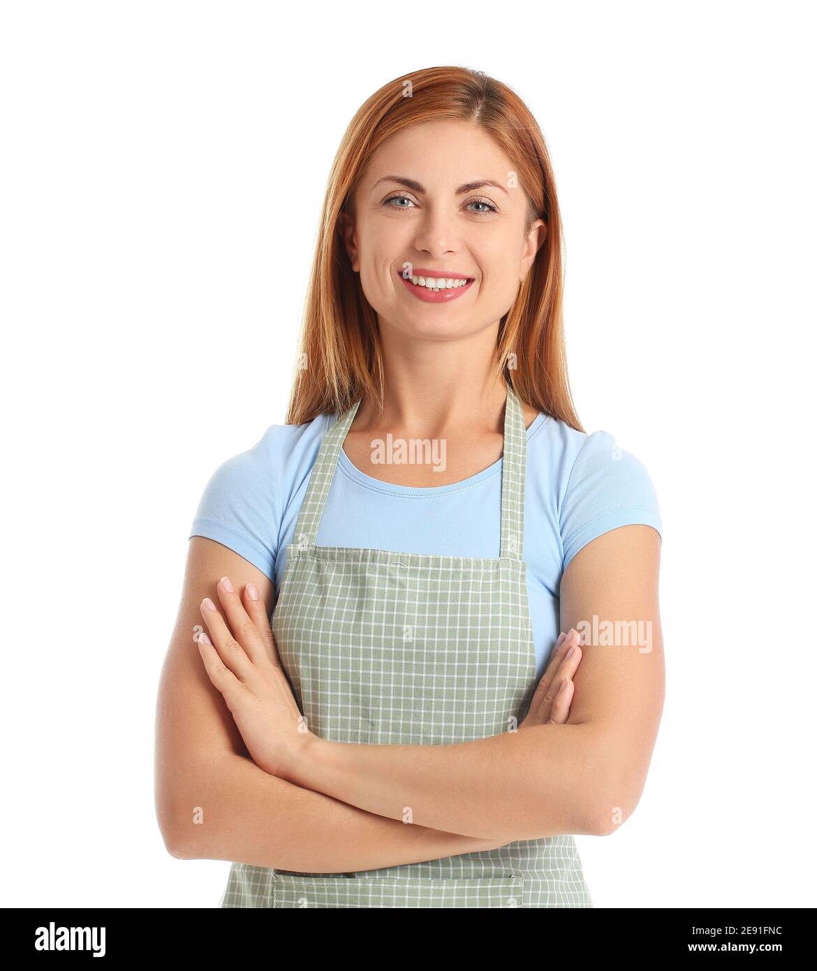 Beautiful young woman wearing apron on white background Stock Photo - Alamy
