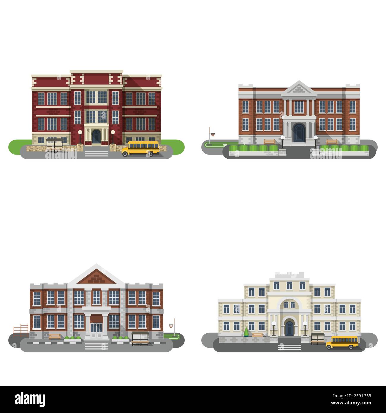 School and university buildings flat icons set isolated vector ...