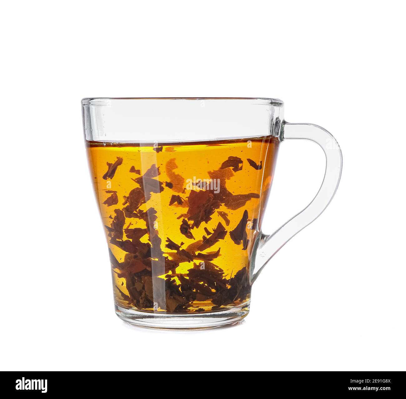 Glass cup of hot black tea on white background Stock Photo Alamy
