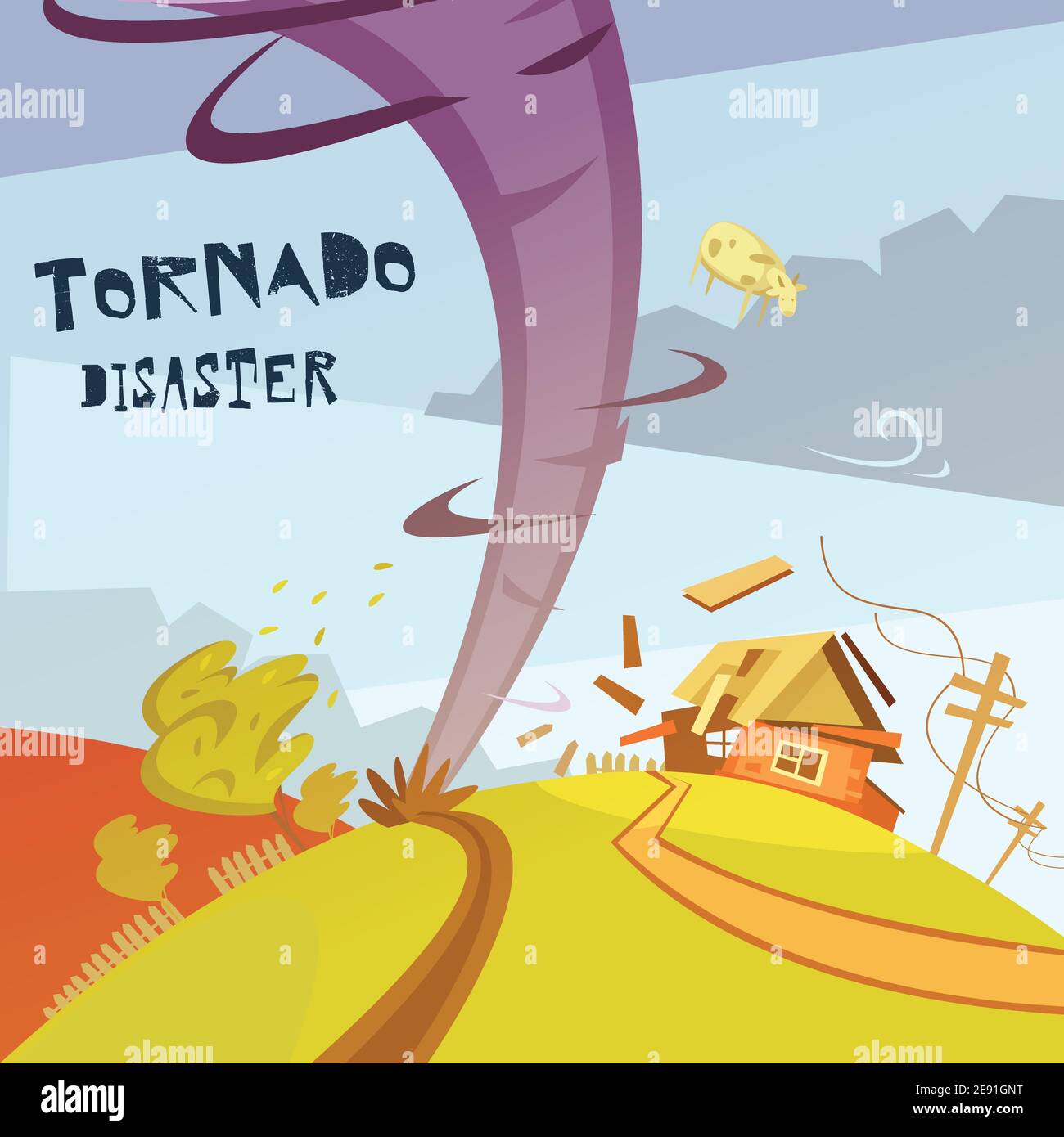 Color cartoon illustration tornado disaster depicting broken house