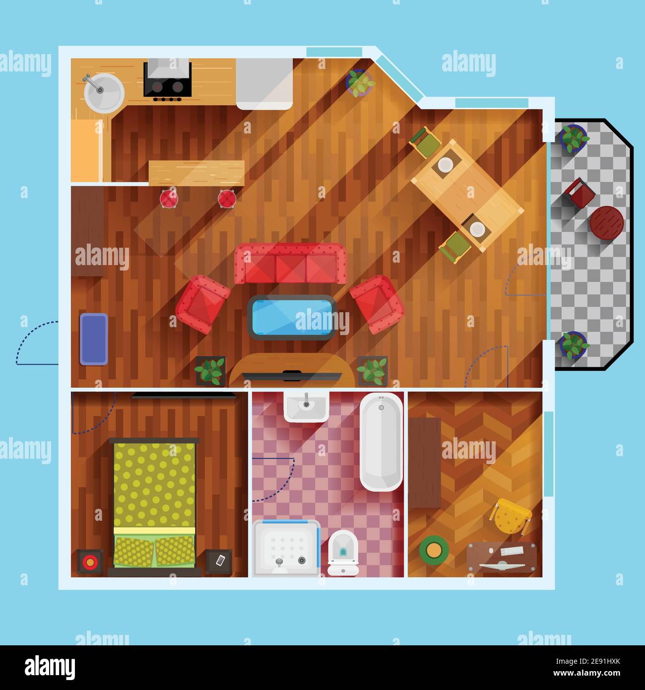 Picture of One bedroom apartment floor Plan with kitchen dinning area balcony ...
