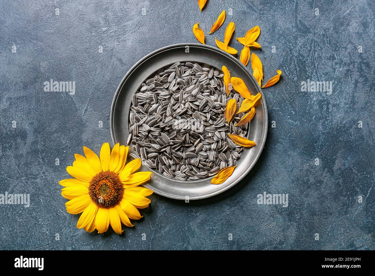 Plate with sunflower seeds on dark background Stock Photo