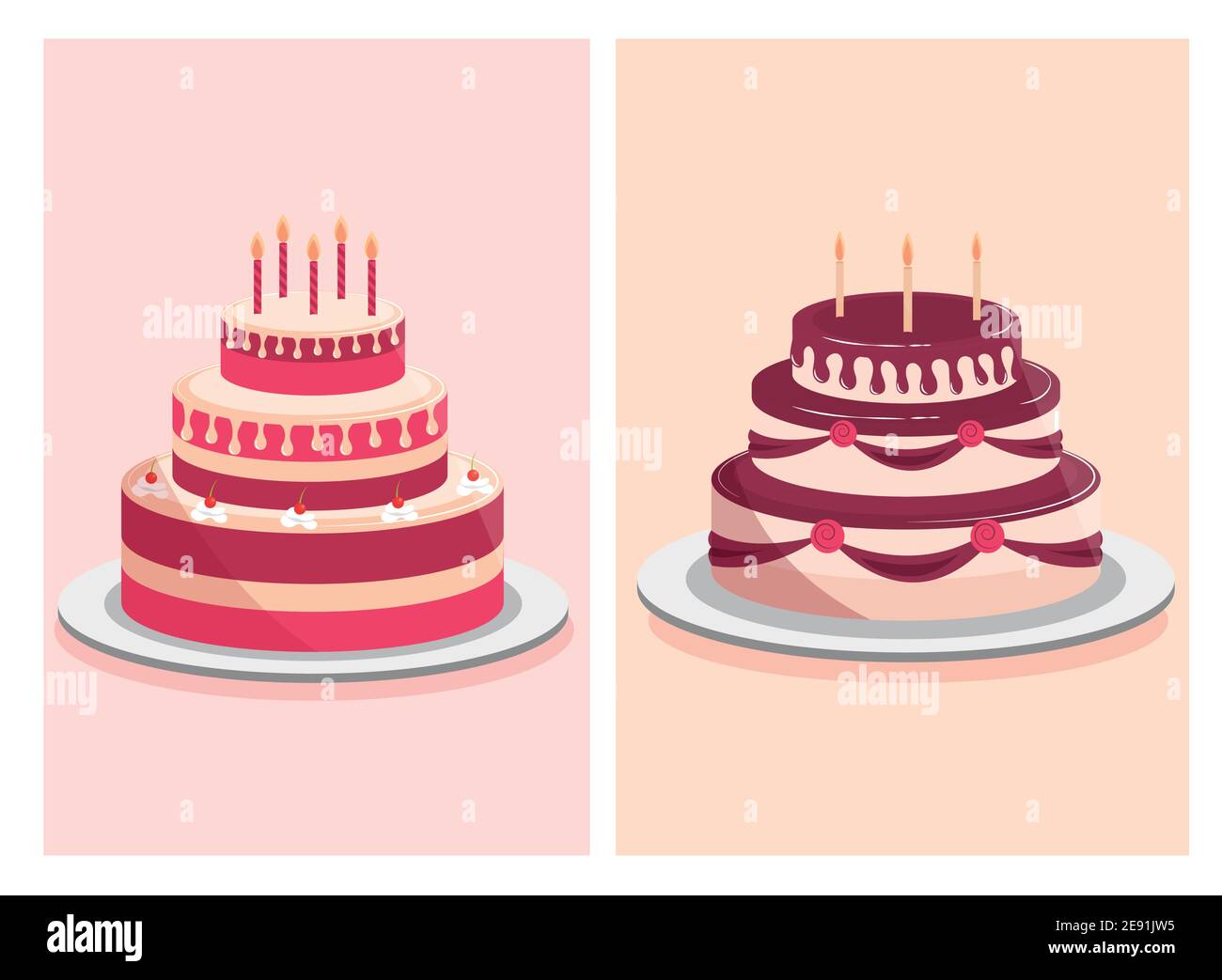 birthday cakes sweet cream and decorative candles vector illustration ...