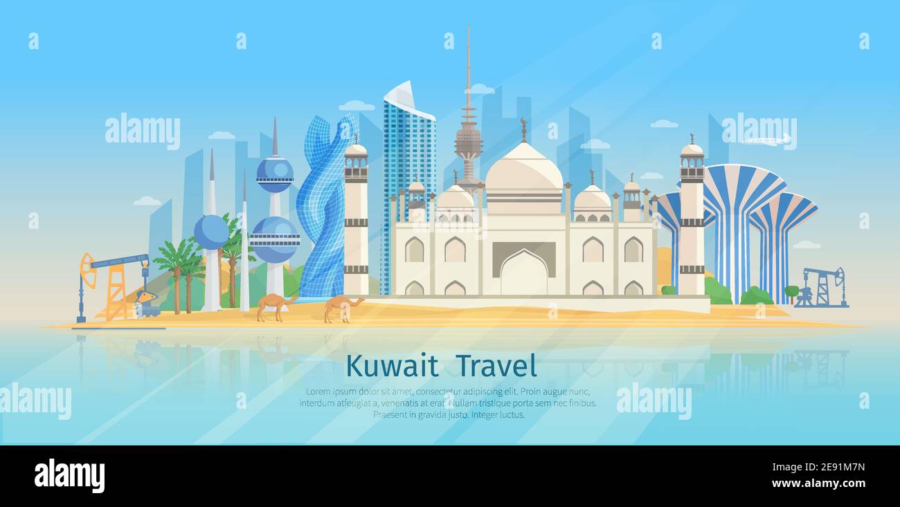 Kuwait skyline flat poster with awesome traditional buildings on the sea shore vector illustration Stock Vector