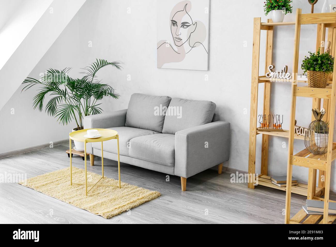 Stylish interior of living room with comfortable sofa Stock Photo - Alamy