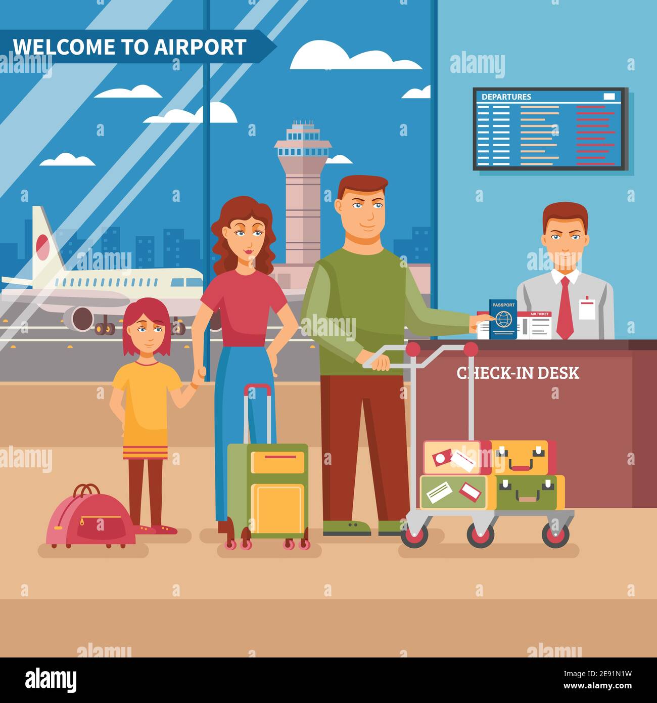 Airport work poster family at check in desk with his luggage before