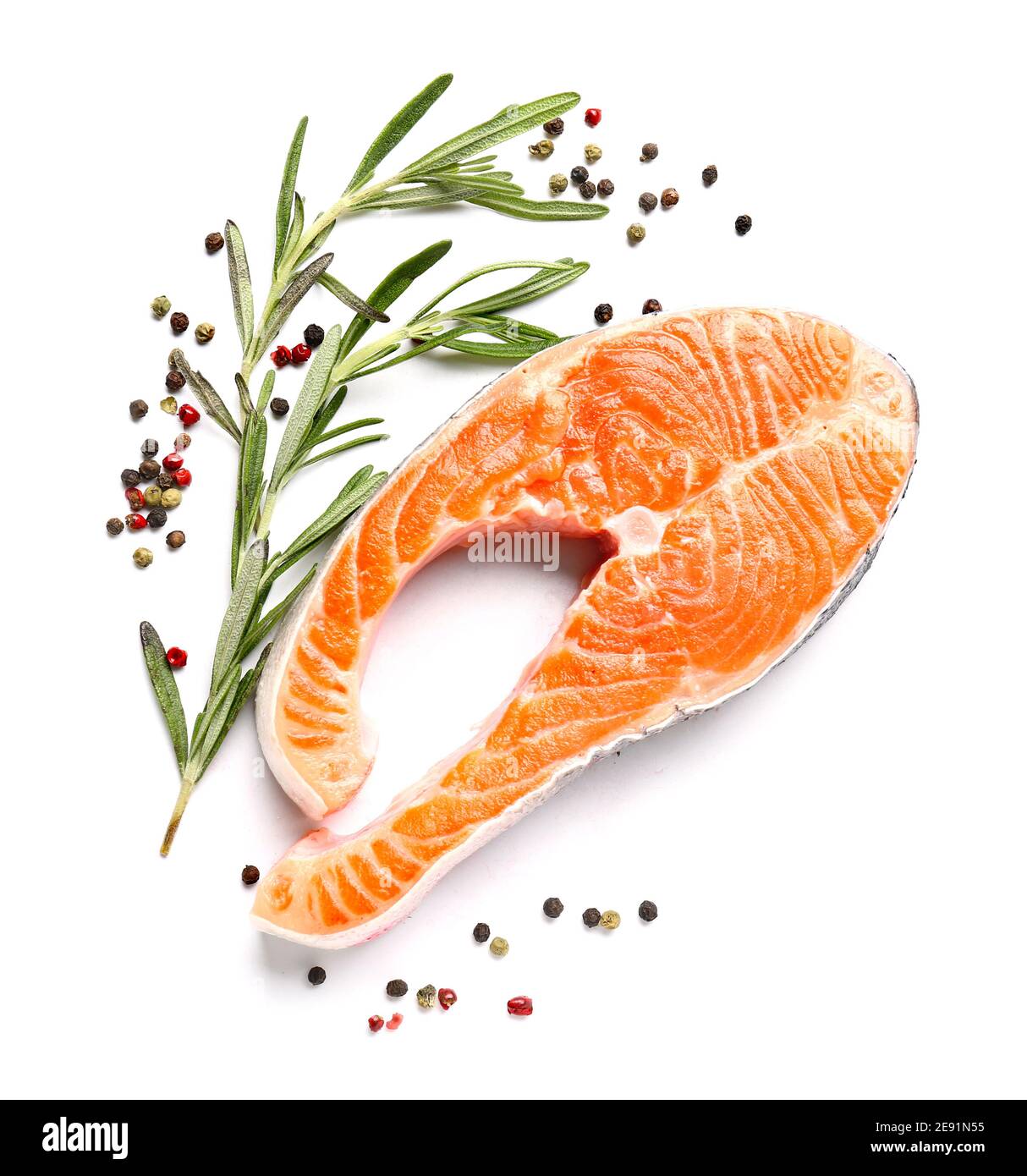 Raw salmon steak on white background Stock Photo - Alamy