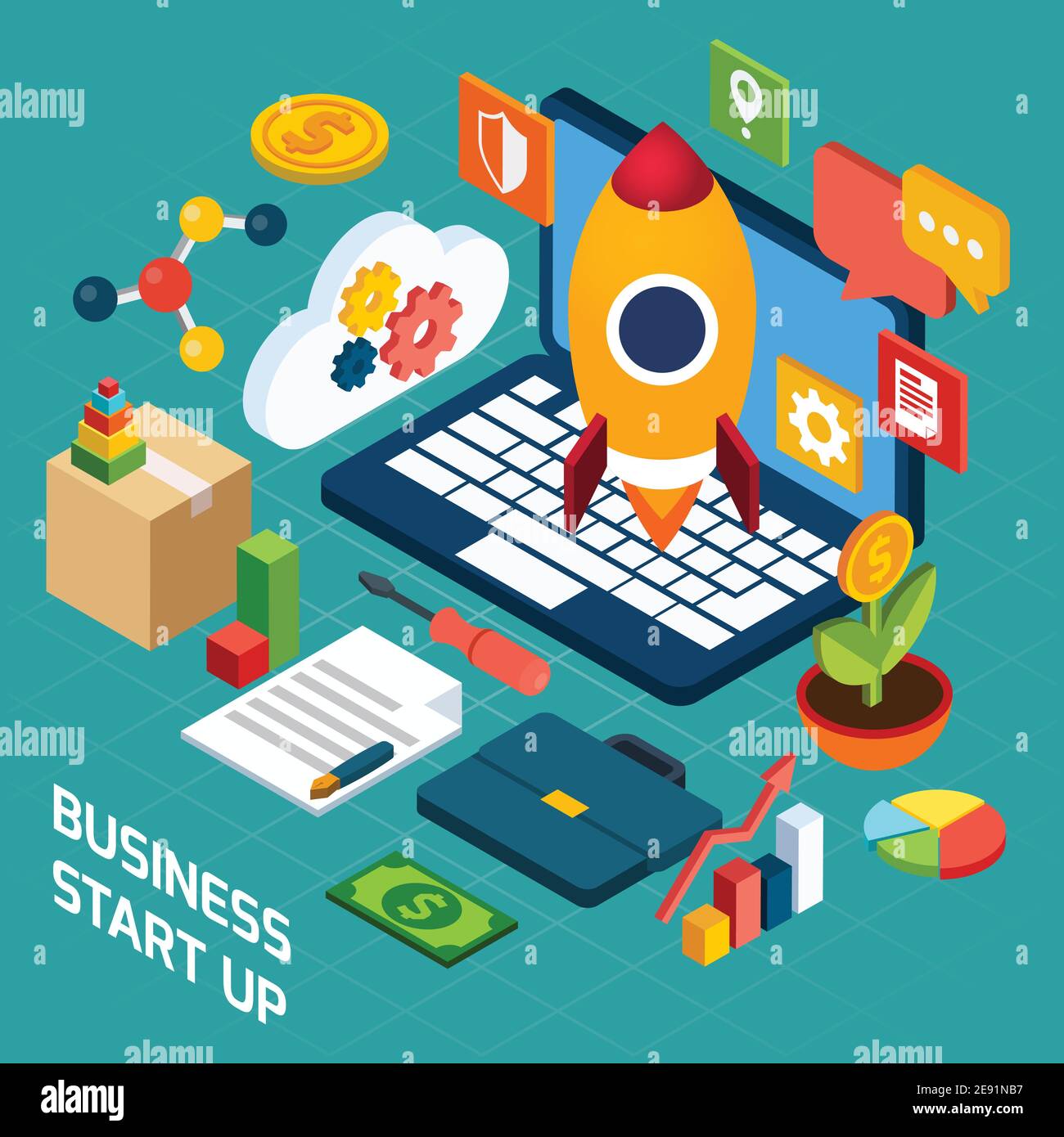 Digital marketing isometric concept with 3d notebook and startup icons ...