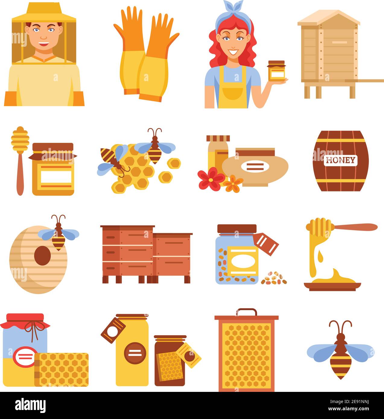 Honey beekeeping icon set with elements of beekeeping means for raising ...