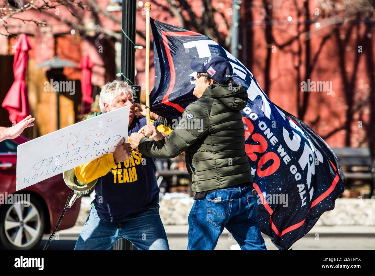 Carson, United States. 01st Feb, 2021. Protestors are seen arguing during the demonstration. Protesters gathered at the state's legislative building to protest various causes such as the Biden inauguration, Covid-19 restriction, vaccine, religious ideas, Qanon, common core education, without a cohesive message, during the first day of the 81st (2021) Session of the Nevada Legislature. Credit: SOPA Images Limited/Alamy Live News Stock Photo