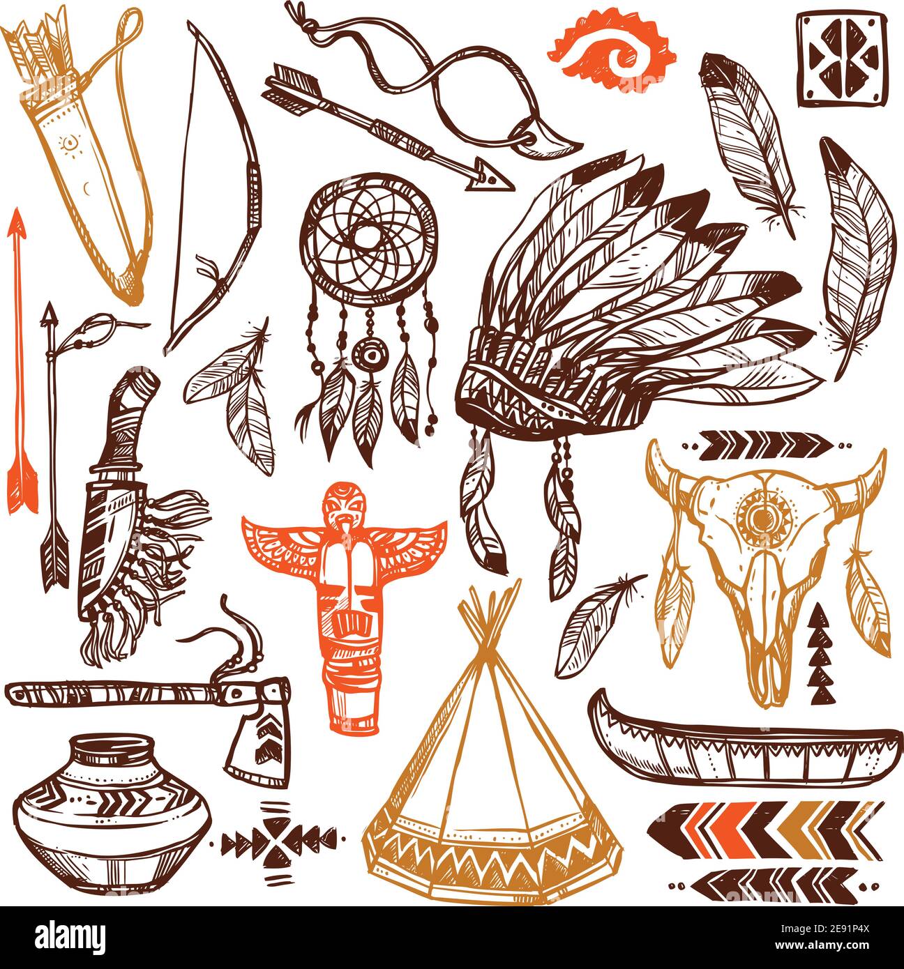 Native americans set with hand drawn feathers headband and traditional  patterns isolated vector illustration Stock Vector Image & Art - Alamy