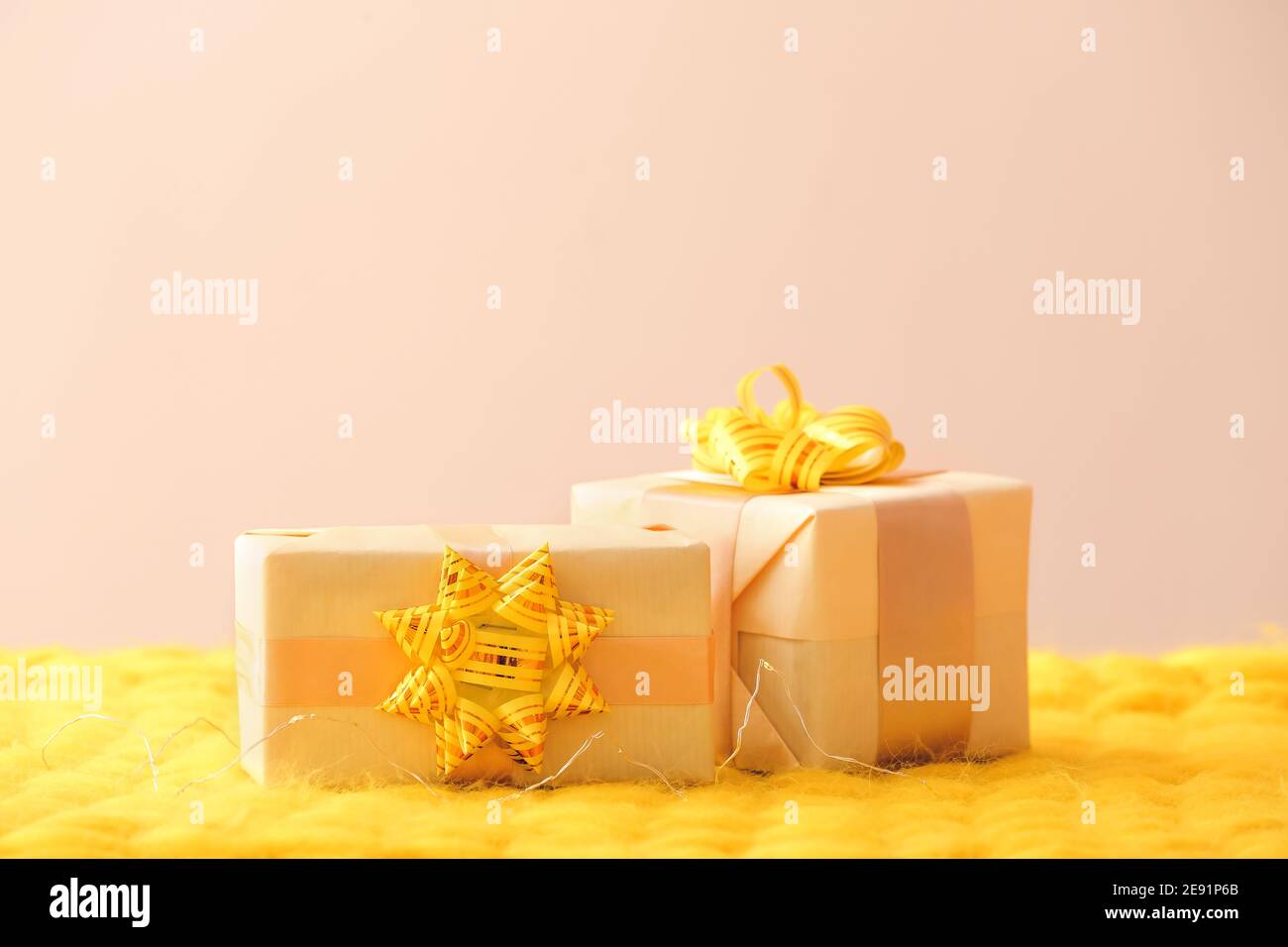 Gift boxes on knitted plaid Stock Photo