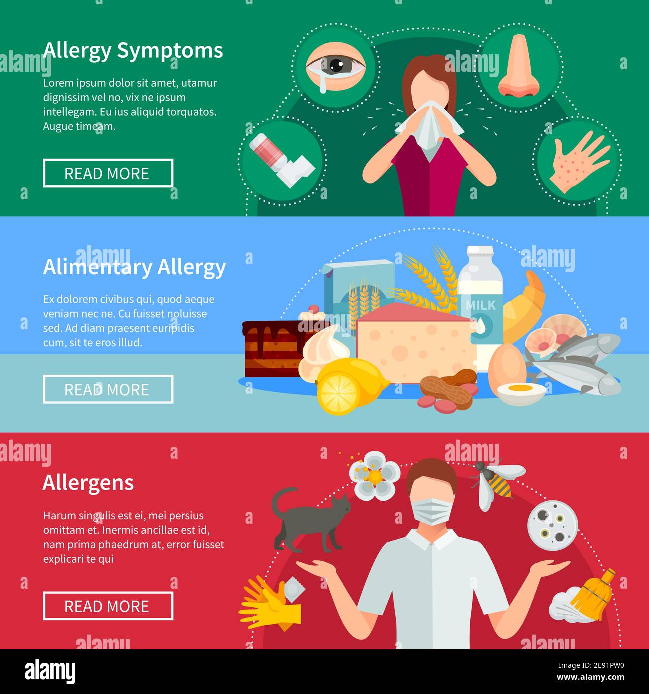 Allergy Flat Concept. Allergy Horizontal Banners. Allergy Vector Illustration. Allergy Isolated Set. Allergy Design Symbols. Stock Vector