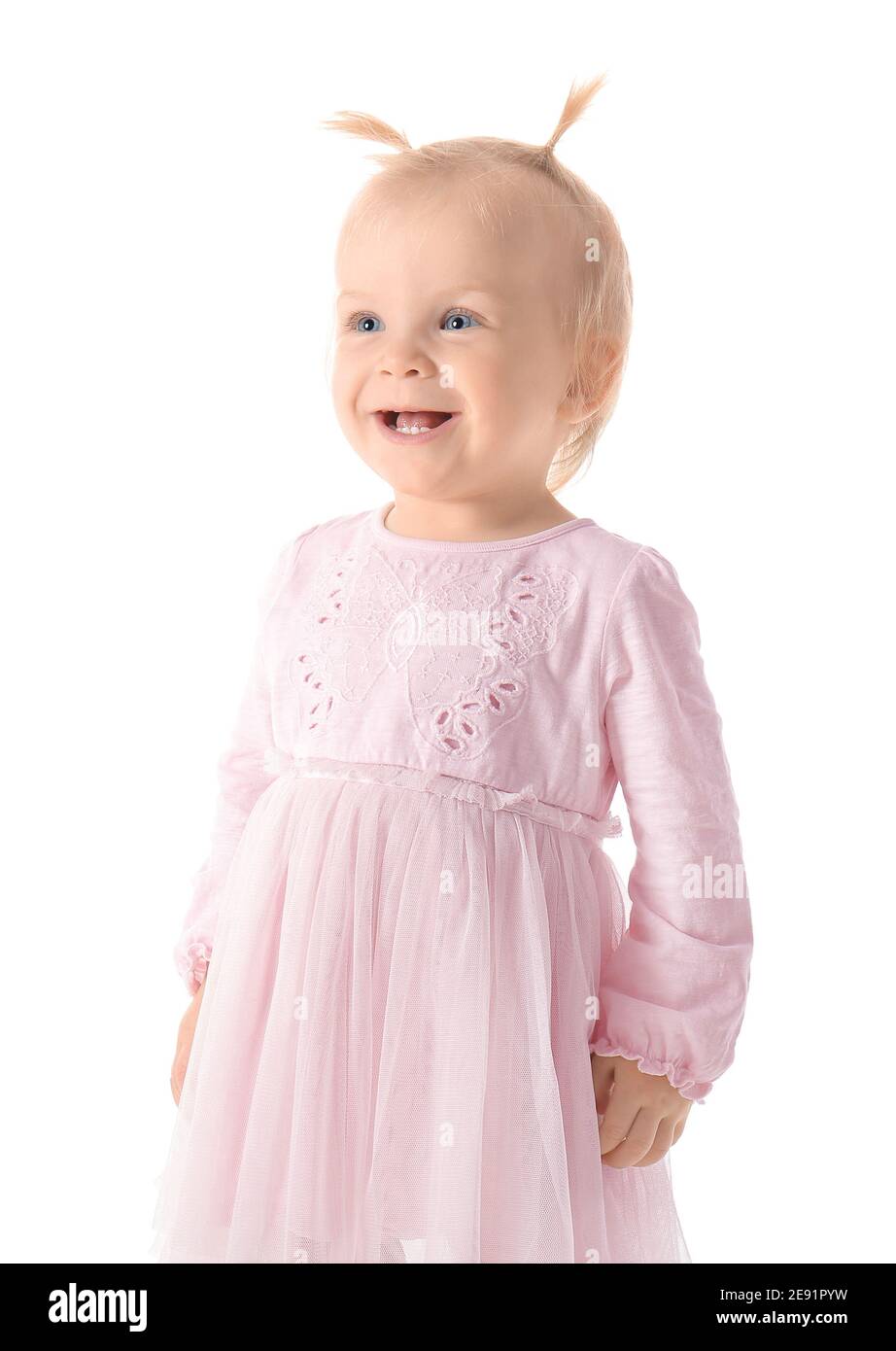 Portrait of happy little baby girl on white background Stock Photo - Alamy