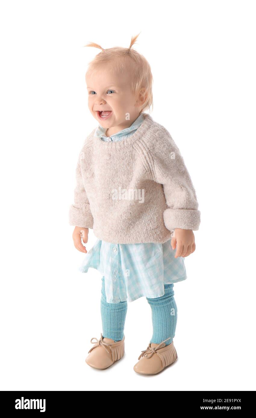 Portrait of happy little baby girl on white background Stock Photo - Alamy