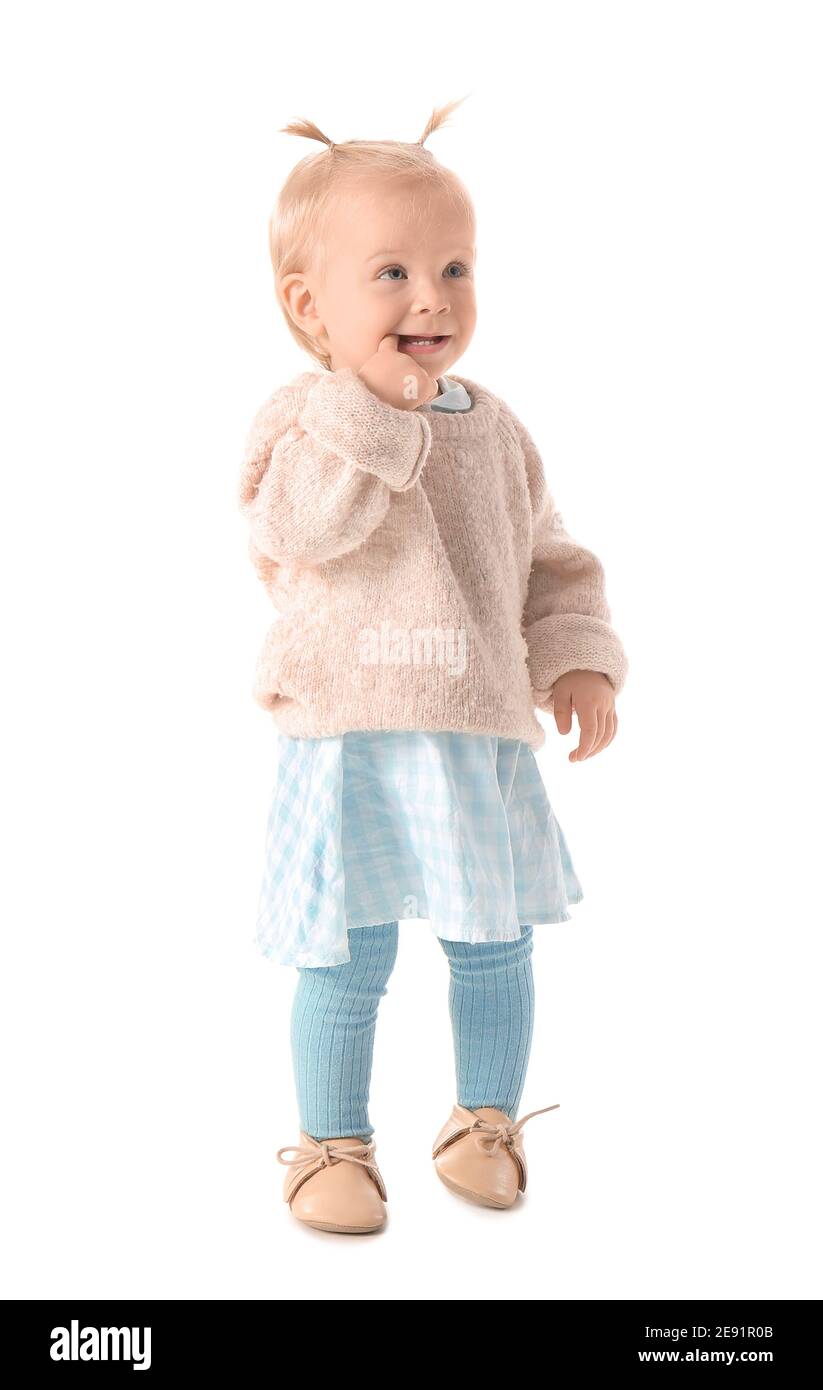 Portrait of happy little baby girl on white background Stock Photo - Alamy