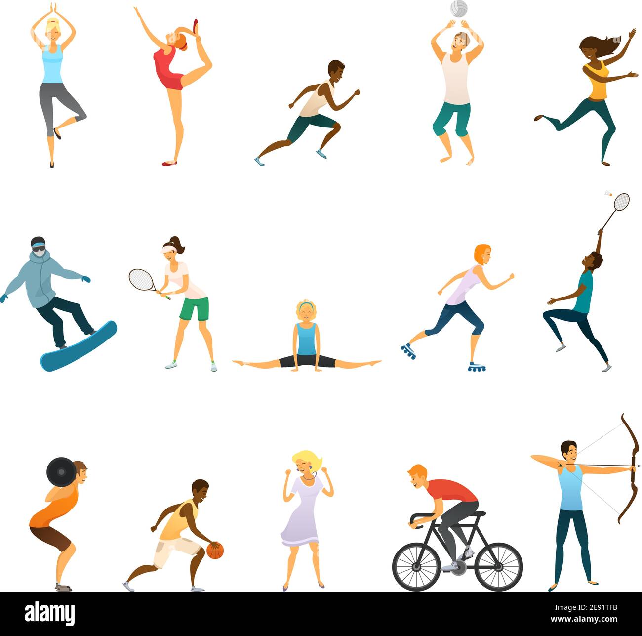 Sport people flat colored icons set of young men and women doing yoga ...