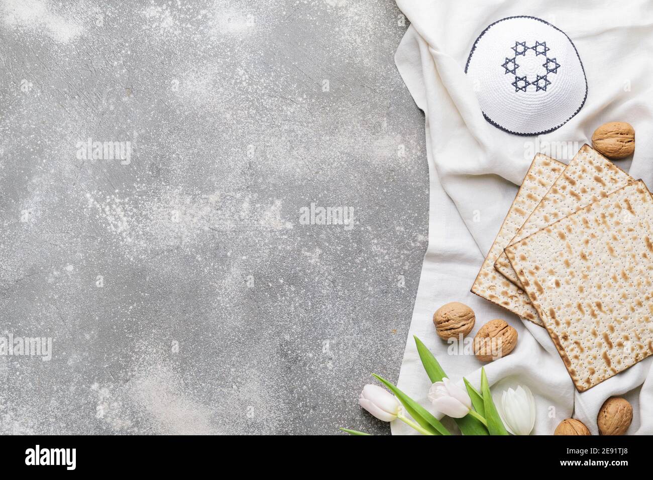 Composition with Jewish flatbread matza for Passover on grey background Stock Photo Alamy