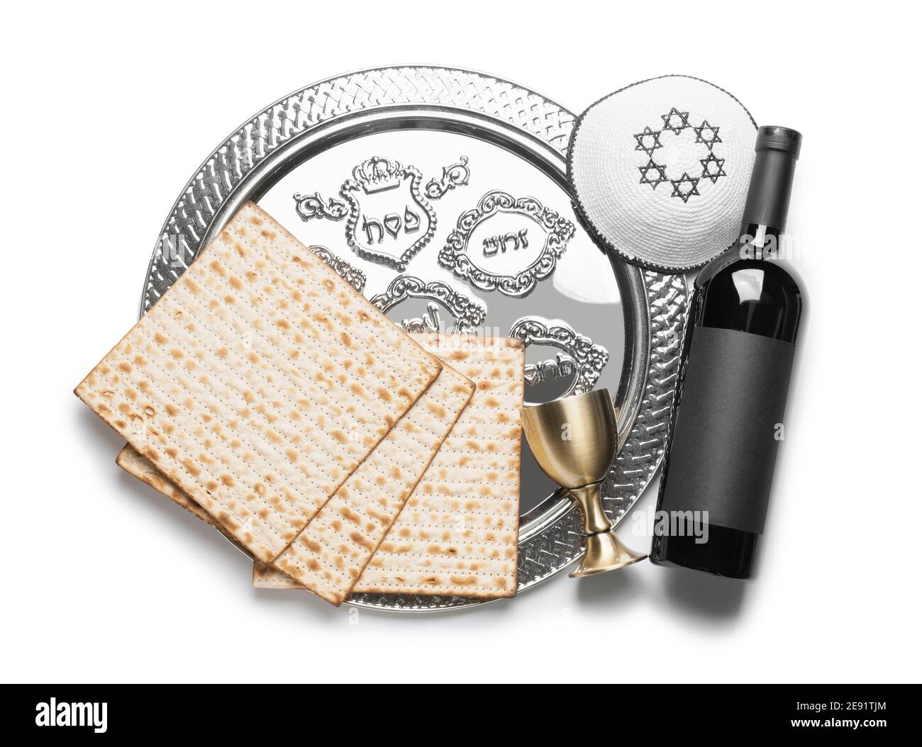 Composition with Passover Seder plate on white background Stock Photo ...