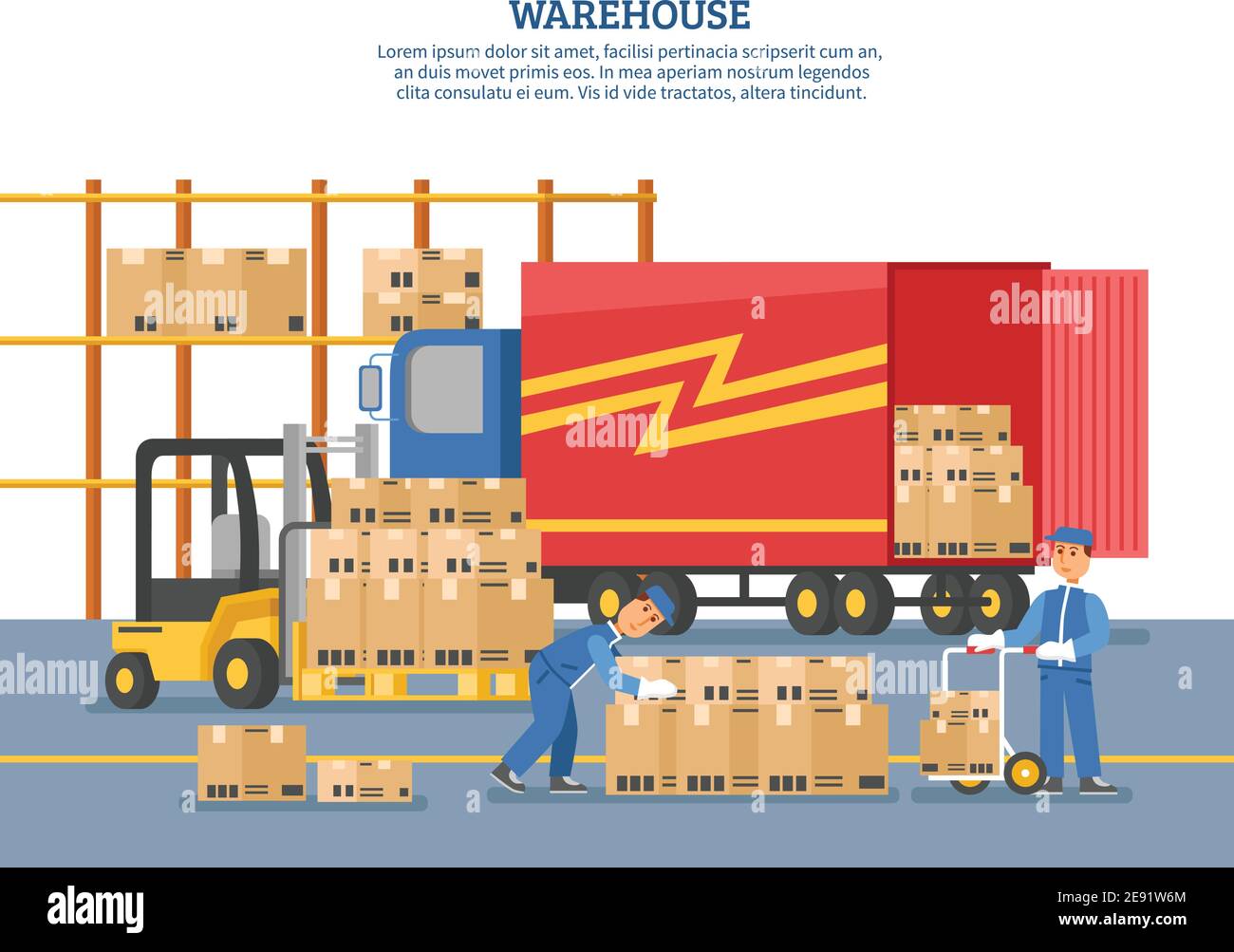 Logistics delivery poster with people who unload truck in warehouse and ...