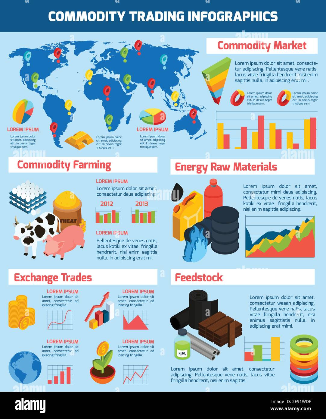 Commodity trading infographic set with commodity market symbols isometric vector illustration