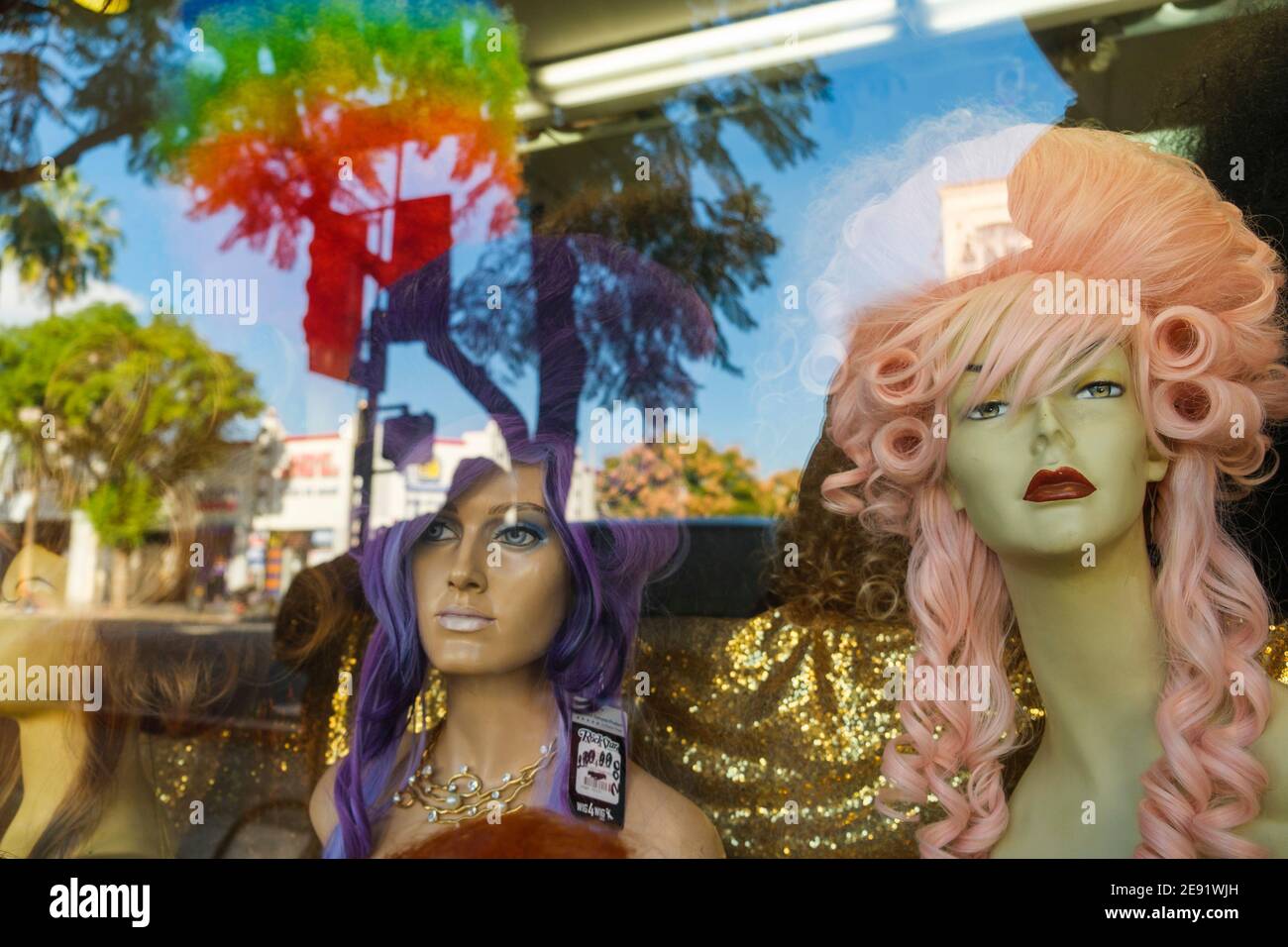 Wigs in shop window, Hollywood Boulevard, Los Angeles, California