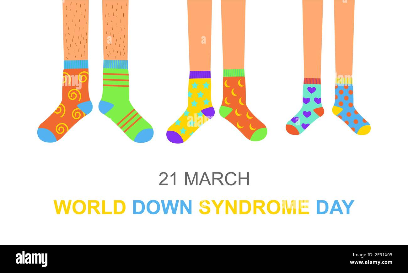 World Down syndrome day poster or invitation card. Man, woman and children  feet in different colorful odd socks as a symbol for WDSD. Vector flat  illustration Stock Vector Image & Art -