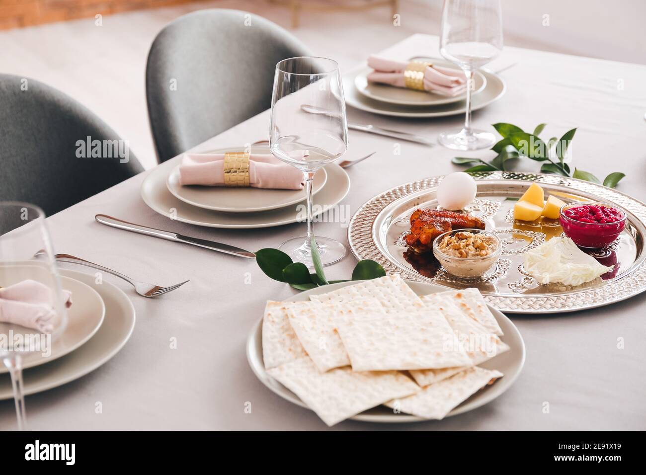 Passover Seder plate with traditional food on served table Stock Photo ...