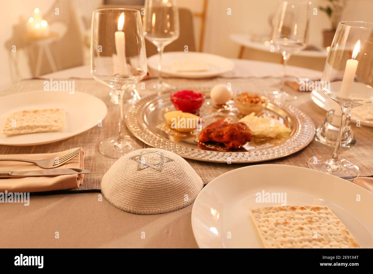 Table served for Passover Seder (Pesach) Stock Photo