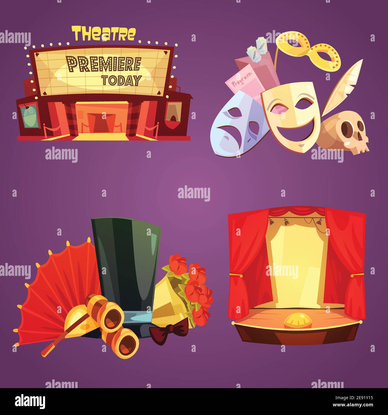 Theatre stage decorations and props retro cartoon 2x2 flat icons set