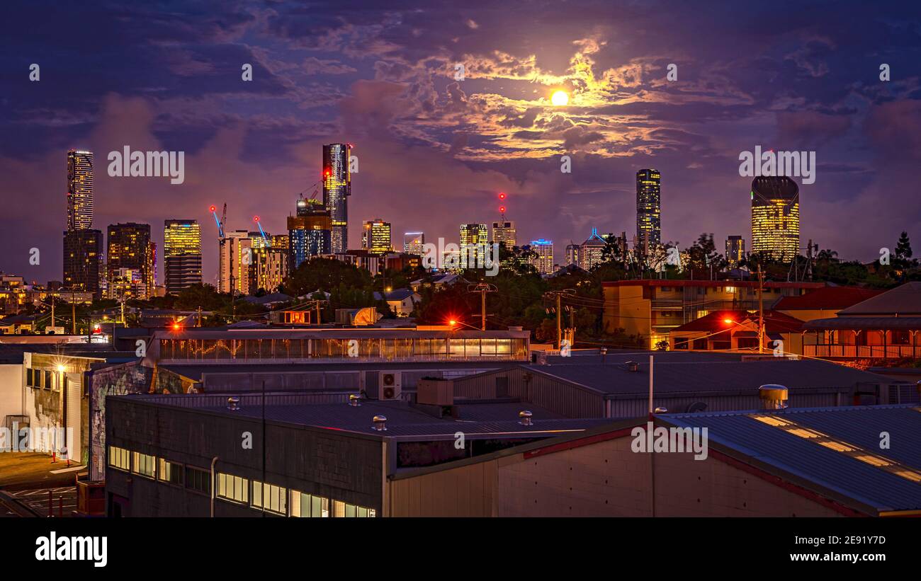 Brisbane, Australia Cityscape at night illuminated by the full moon