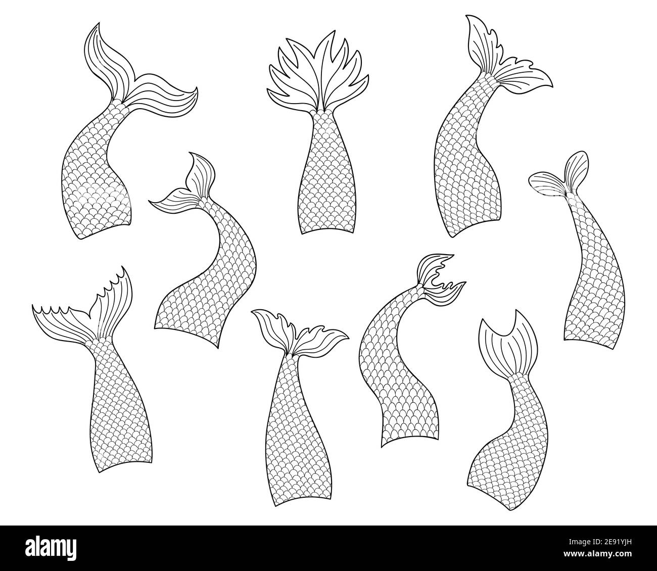Set of hand drawn mermaid tails in doodle style isolated on white background. Black and white vector outline illustration for print design or coloring books. Stock Vector