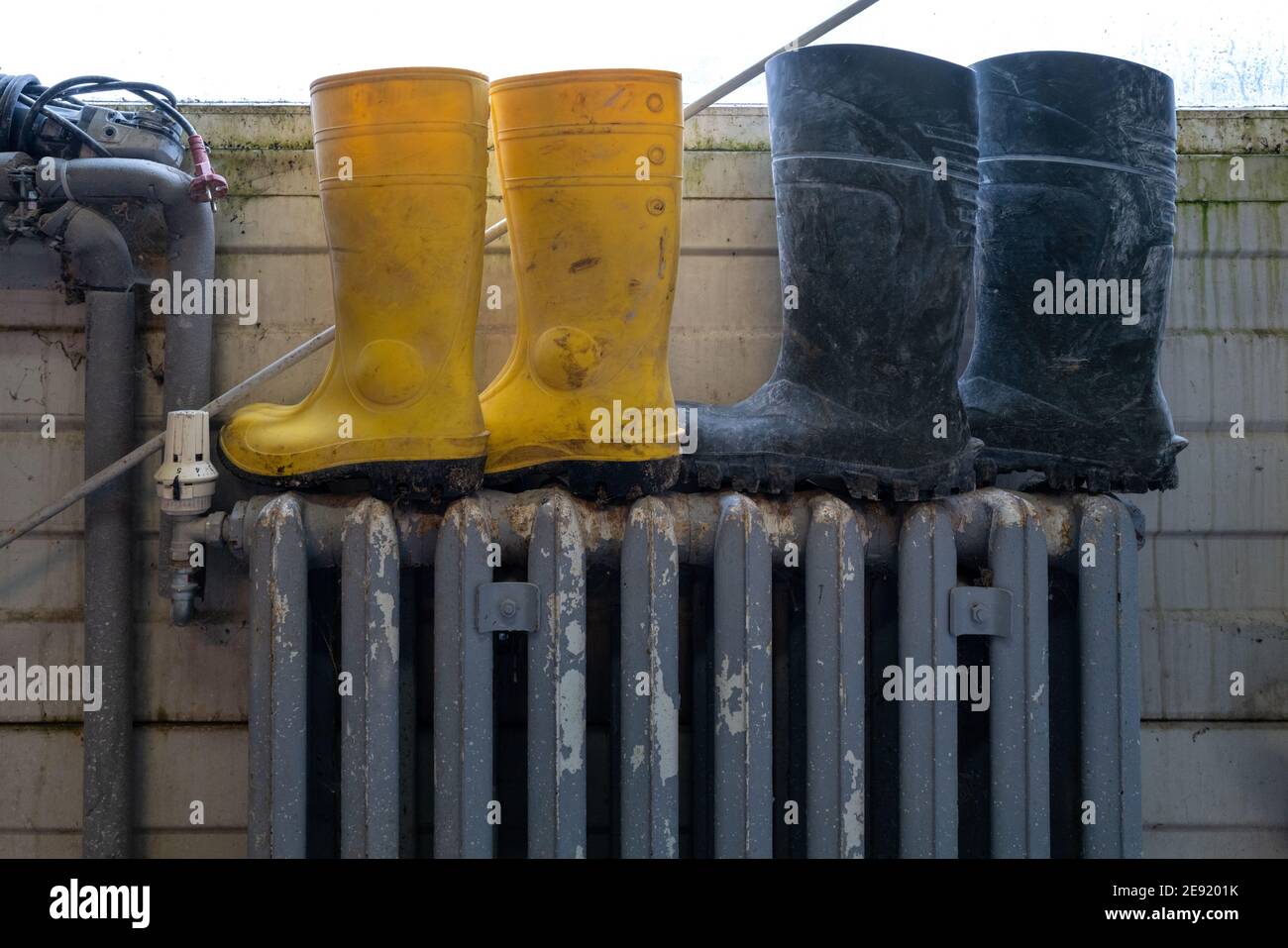 two different pairs of rubber boots stand to dry on a radiator Stock ...