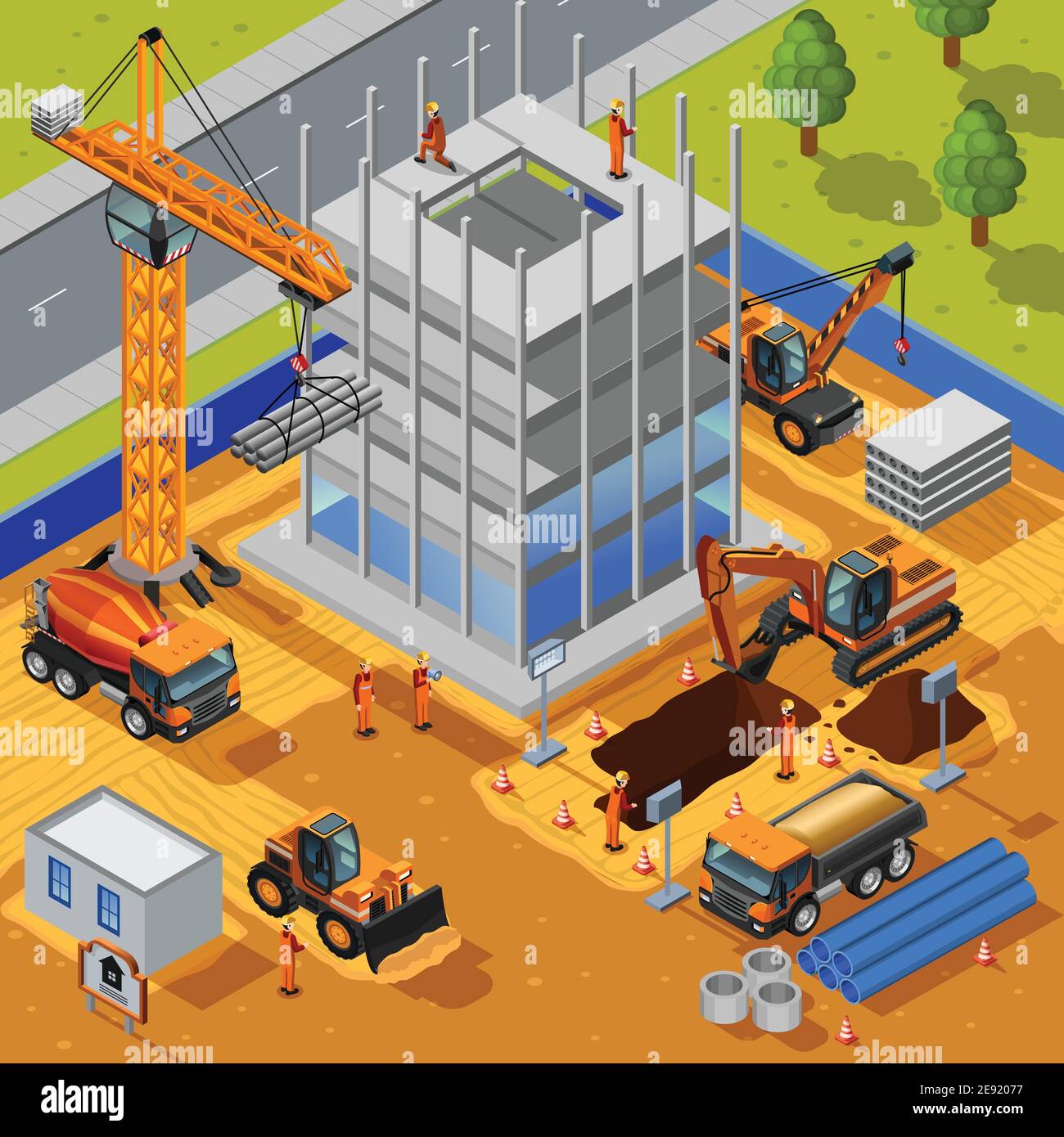 Construction of multistory building isometric design concept with crane bulldozer workers pipes concrete slabs flat vector illustration Stock Vector
