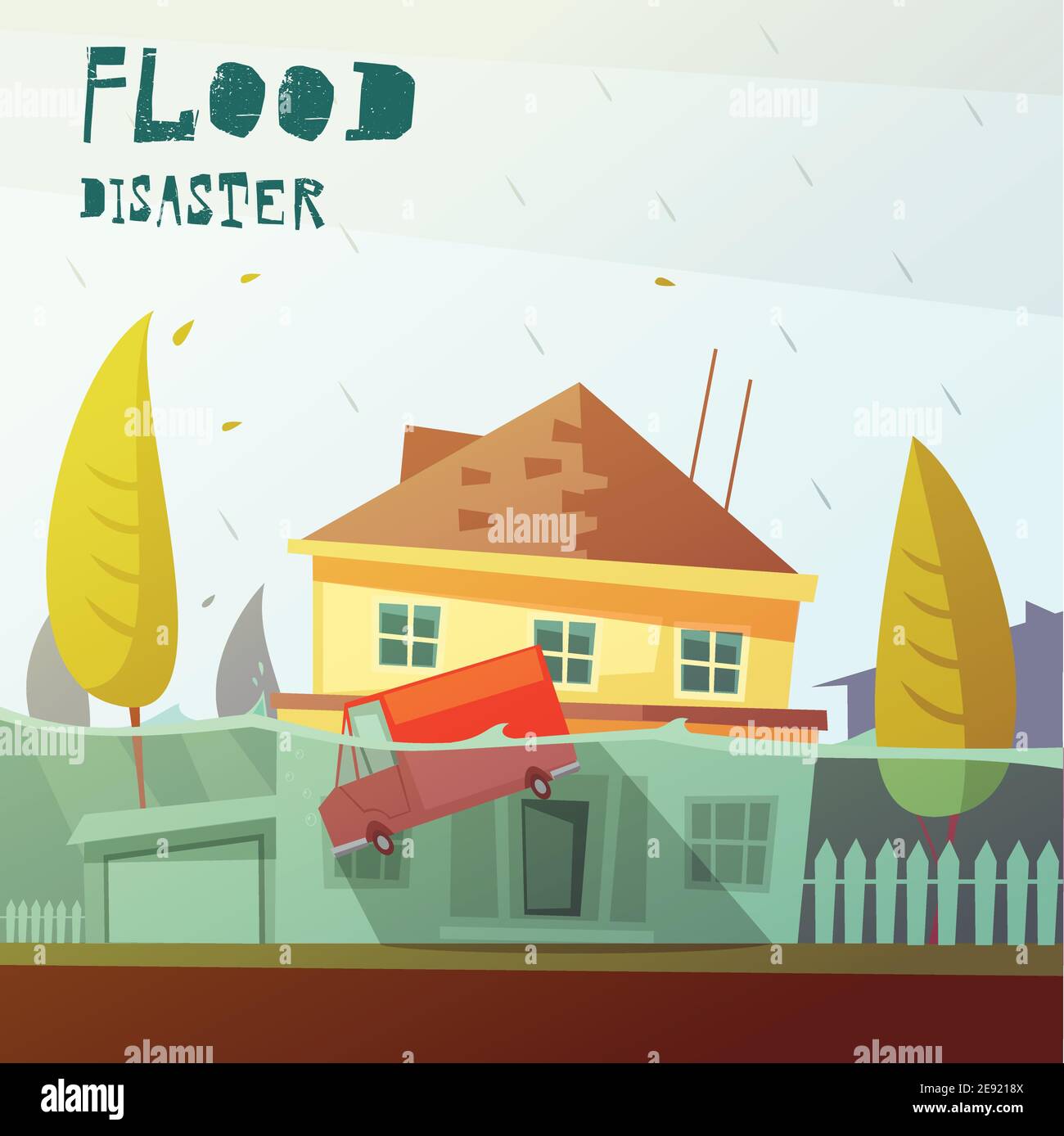 Color cartoon illustration flood disaster depicting underwater vehicle and  flooded house vector illustration Stock Vector Image & Art - Alamy