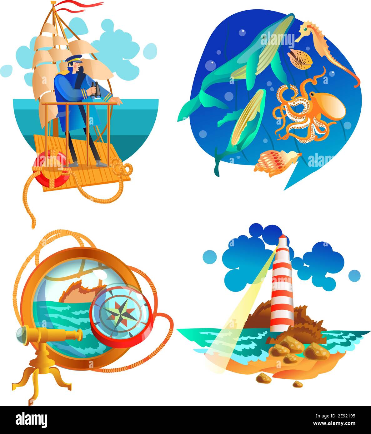 Nautical sea symbols 2 flat icons set with sailboat captain and  lighthouse vintage abstract isolated vector illustration Stock Vector