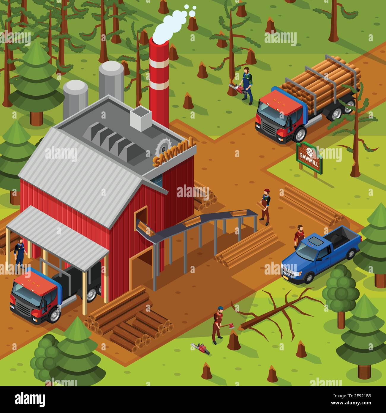 Lumberjack isometric composition with sawmill building vehicles for logs transportation and woodcutters on forest background flat vector illustration Stock Vector