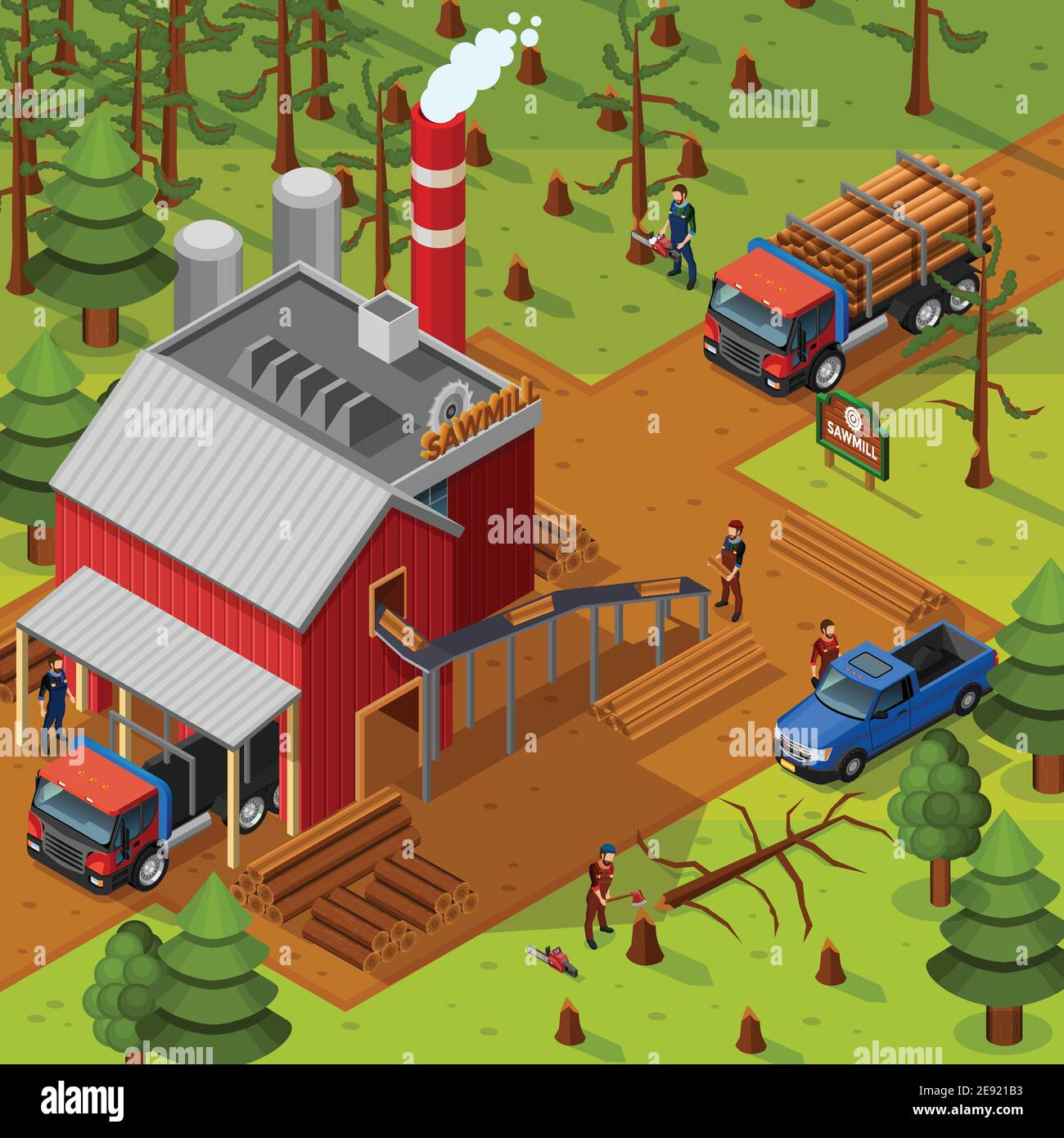 Lumberjack isometric composition with sawmill building vehicles for ...