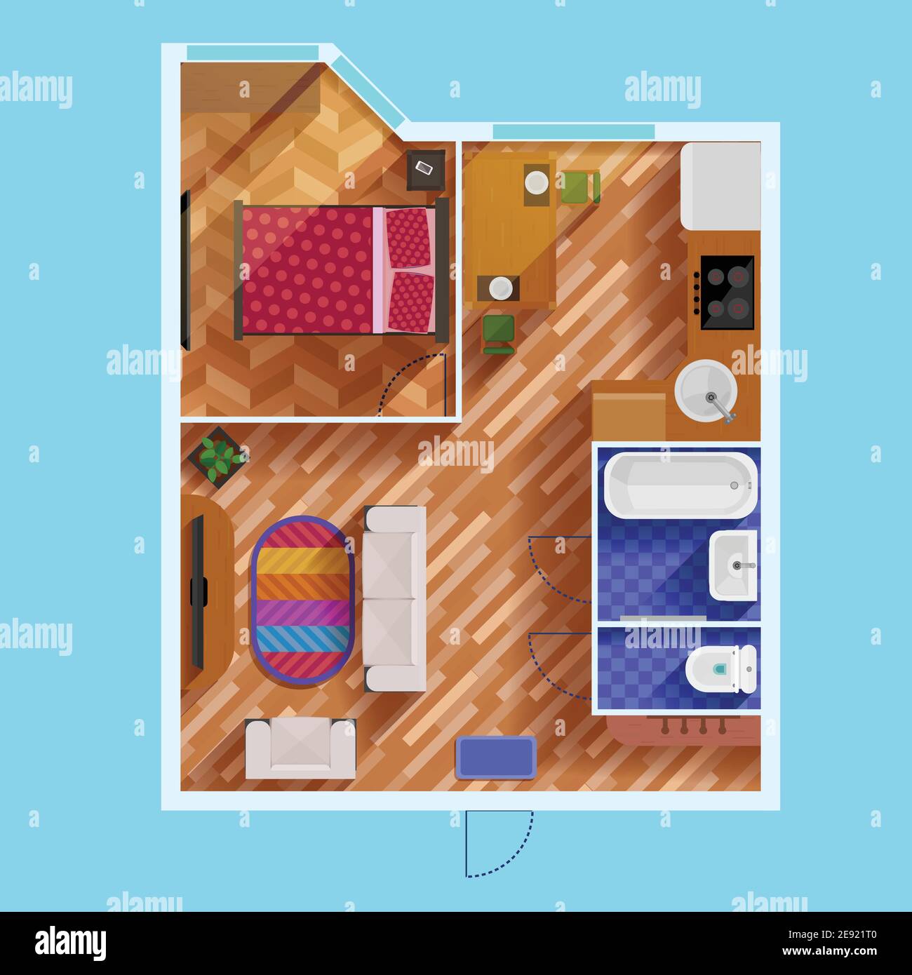Colorful floor plan of apartment with one bedroom living room kitchen ...