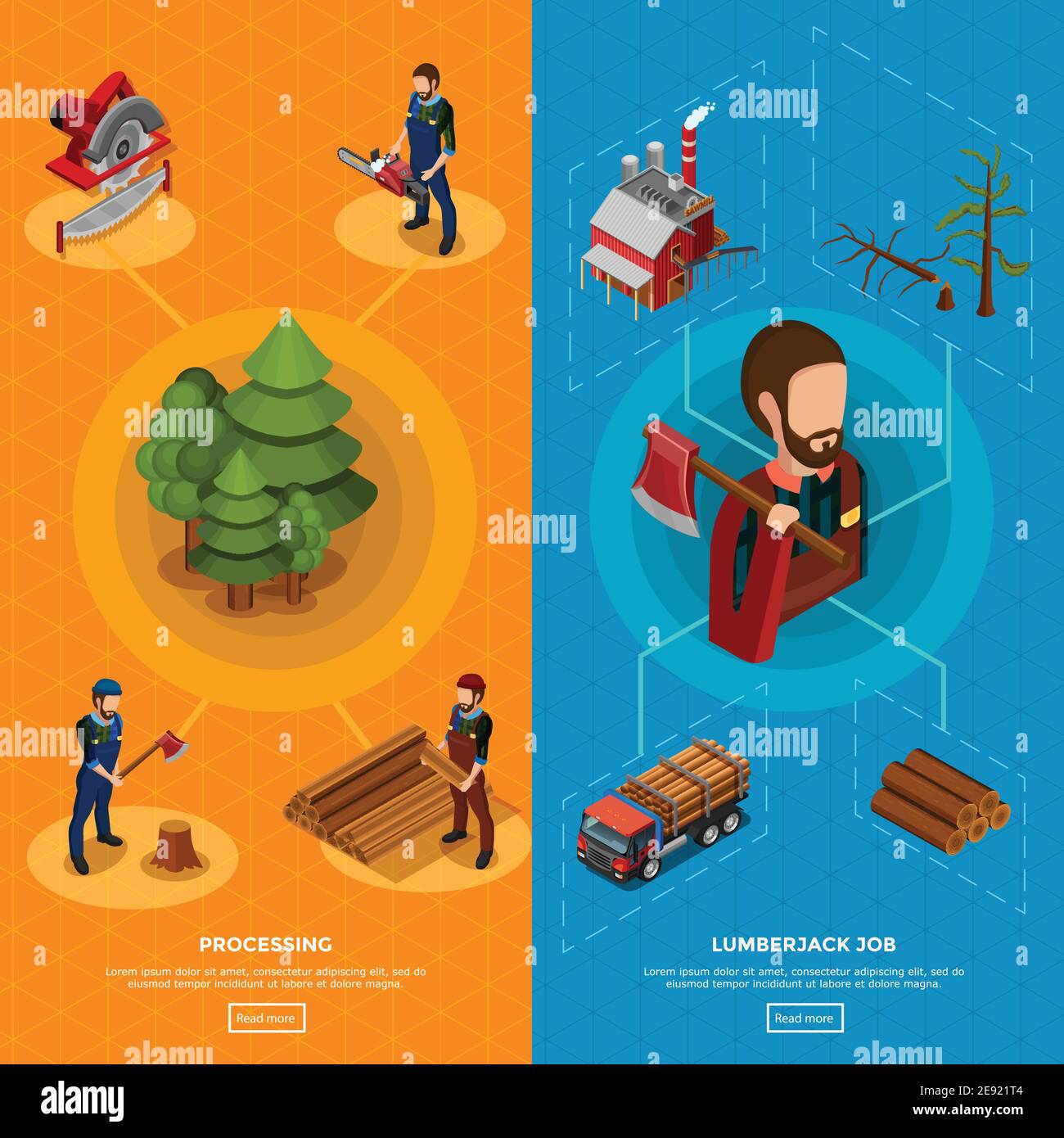 Lumberjack job isometric vertical banners with set of icons showing woodworking process and equipment for felling flat vector illustration Stock Vector
