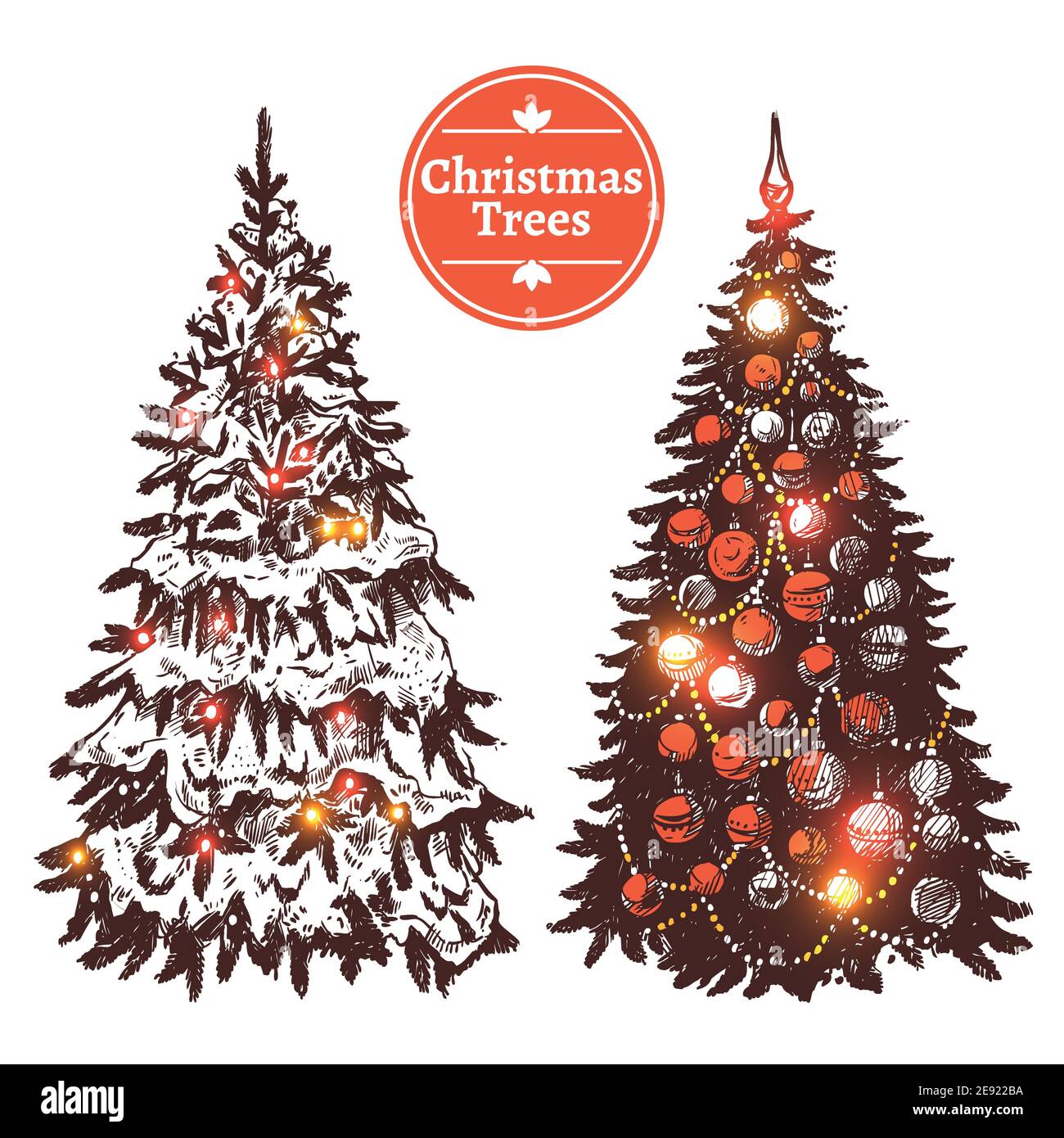 Hand drawn christmas tree decorated with balls and covered wish snow ...