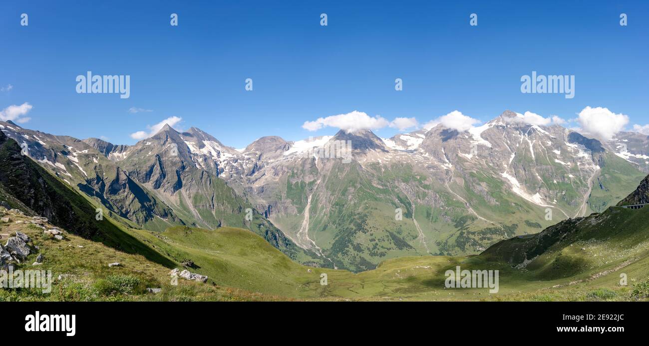 Panoramic view of Grossglockner mountain range from high alpine road in summer in Austria Stock Photo