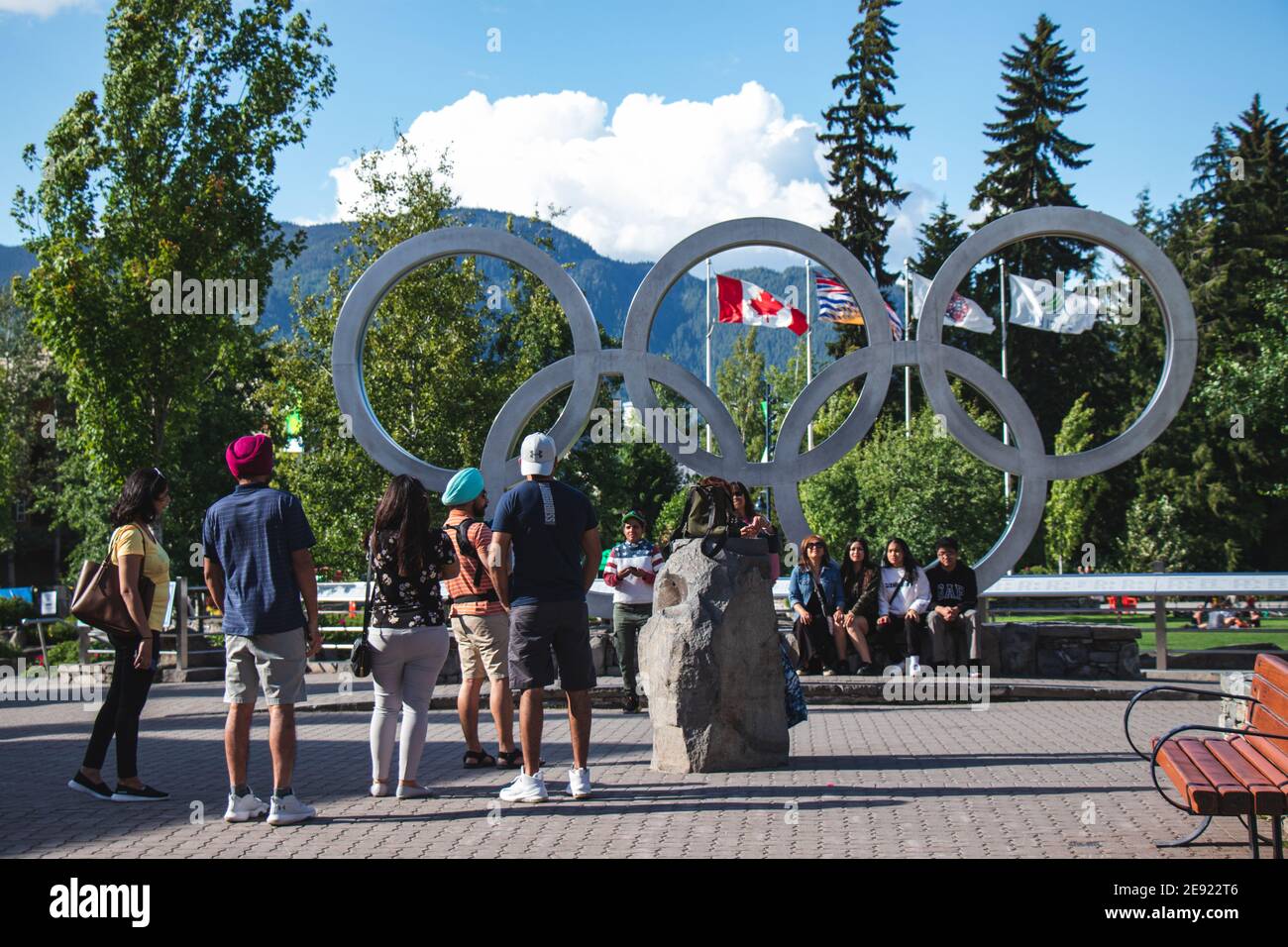 Whistler, Canada - July 5,2020: People are waiting to take a photo with Olympic Rings Symbol in Whistler Village Stock Photo