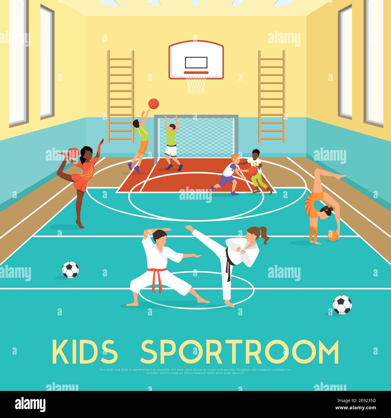 Poster of sportroom where kids doing gymnastics training in martial