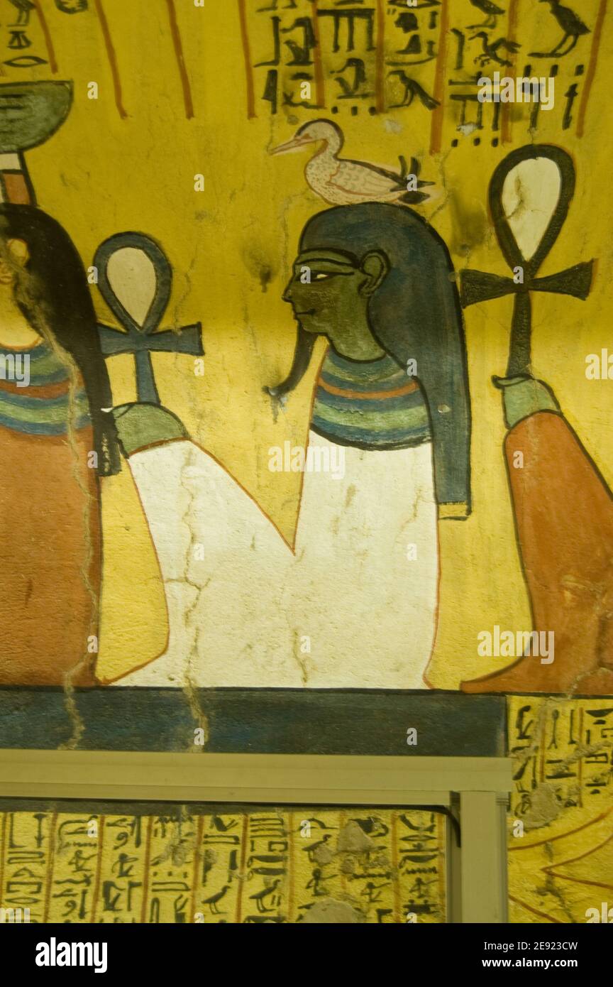 Ancient Egyptian wall painting of the god Geb. This god of the earth is shown with a goose on his head. Tomb of Pashedu, TT3, Deir el Medina, Luxor. A Stock Photo