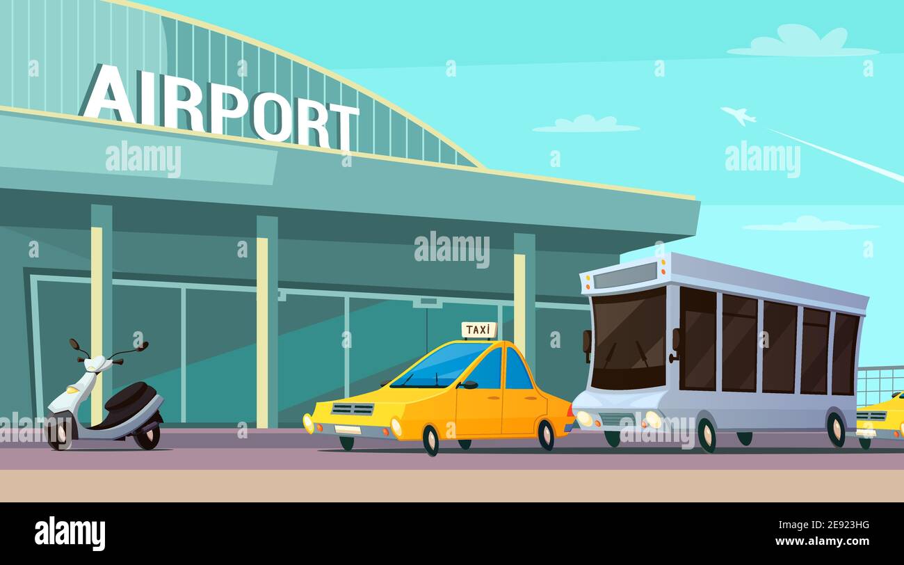 City transport cartoon composition with airport terminal taxi car scooter  and passenger bus at plane taking off background flat vector illustration  Stock Vector Image & Art - Alamy