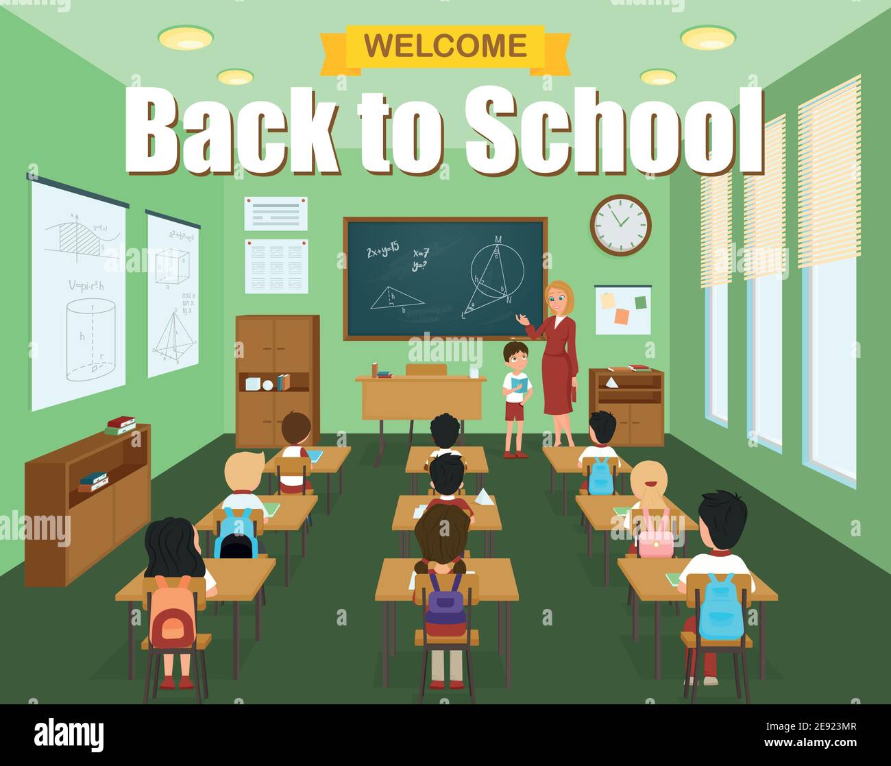 School classroom template with children at the desks and teacher at the